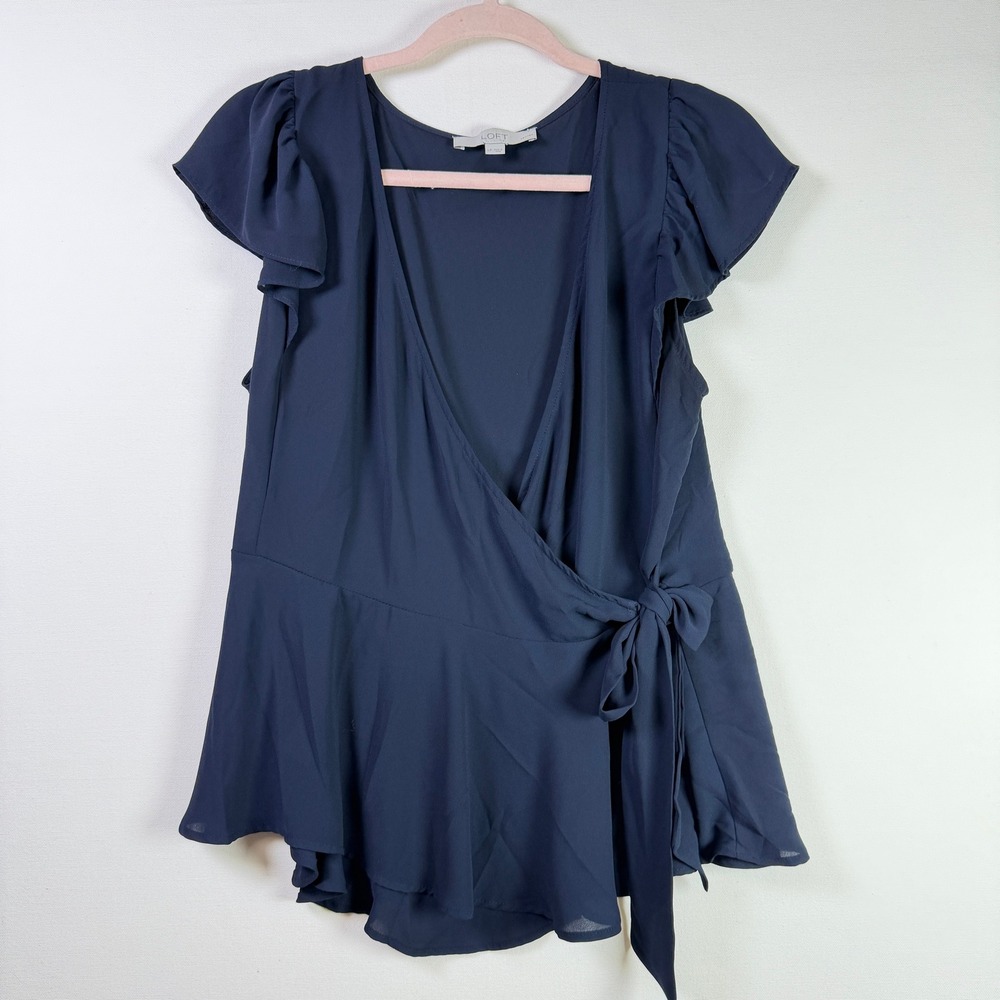 LOFT Navy Blue Flutter Sleeve Faux Wrap Peplum Blouse LP